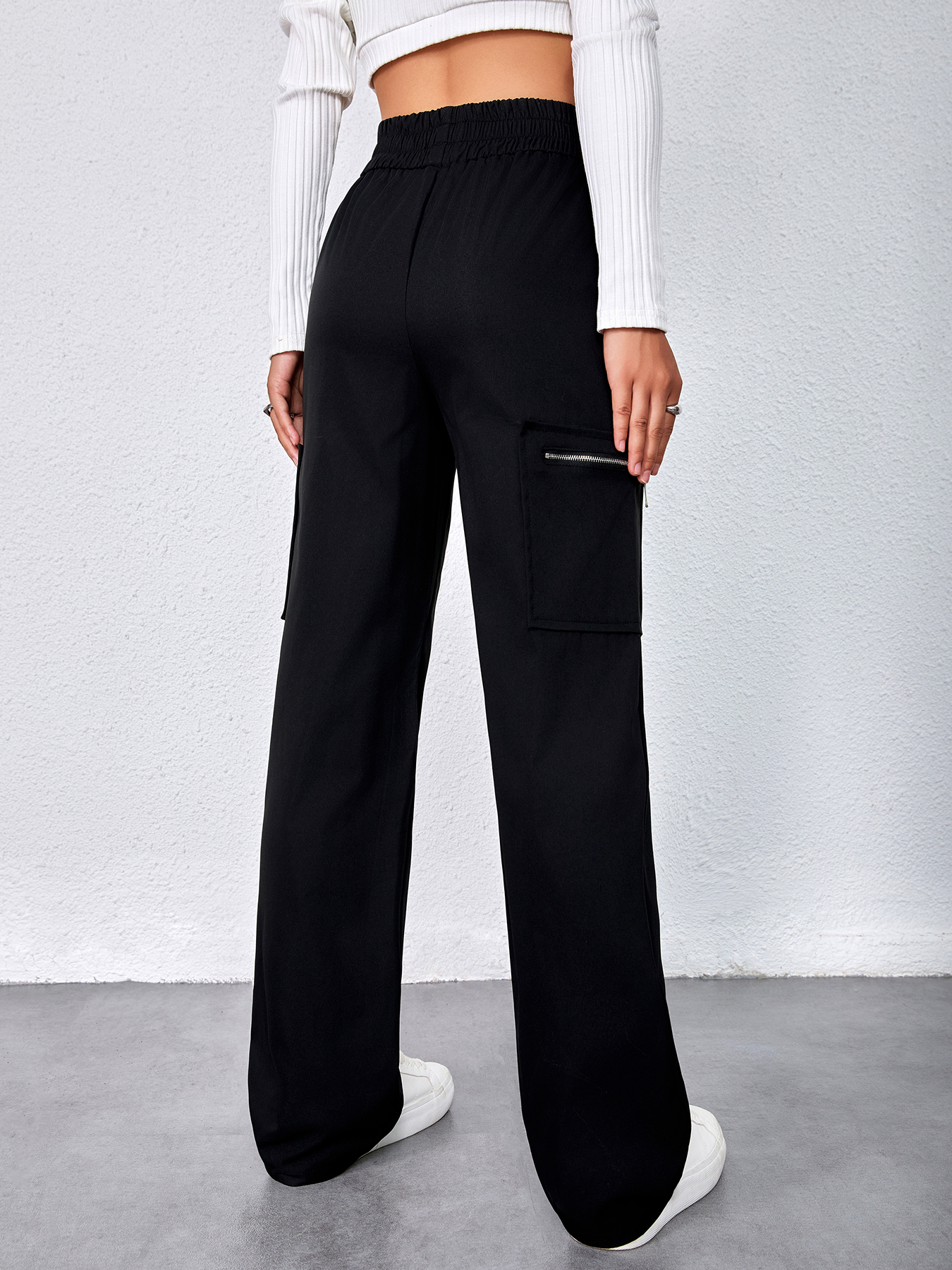 Woman's High Waist Elasticated Cargo Pants with Zipper Pockets-Aegean-sea