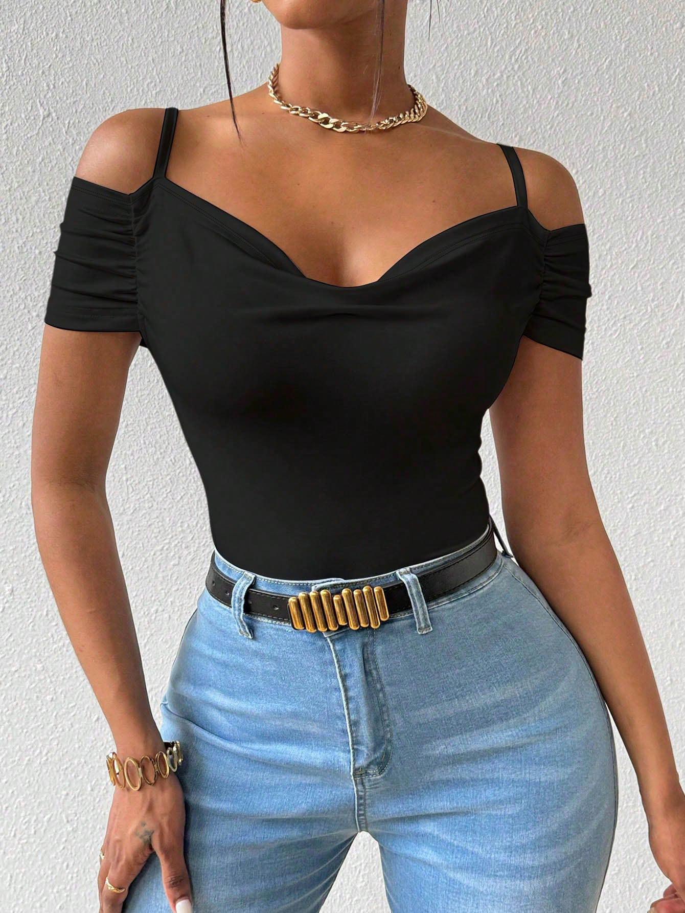 Woman's Off-Shoulder Spaghetti Strap Ruched Short Sleeve Bodysuit-Aegean-sea