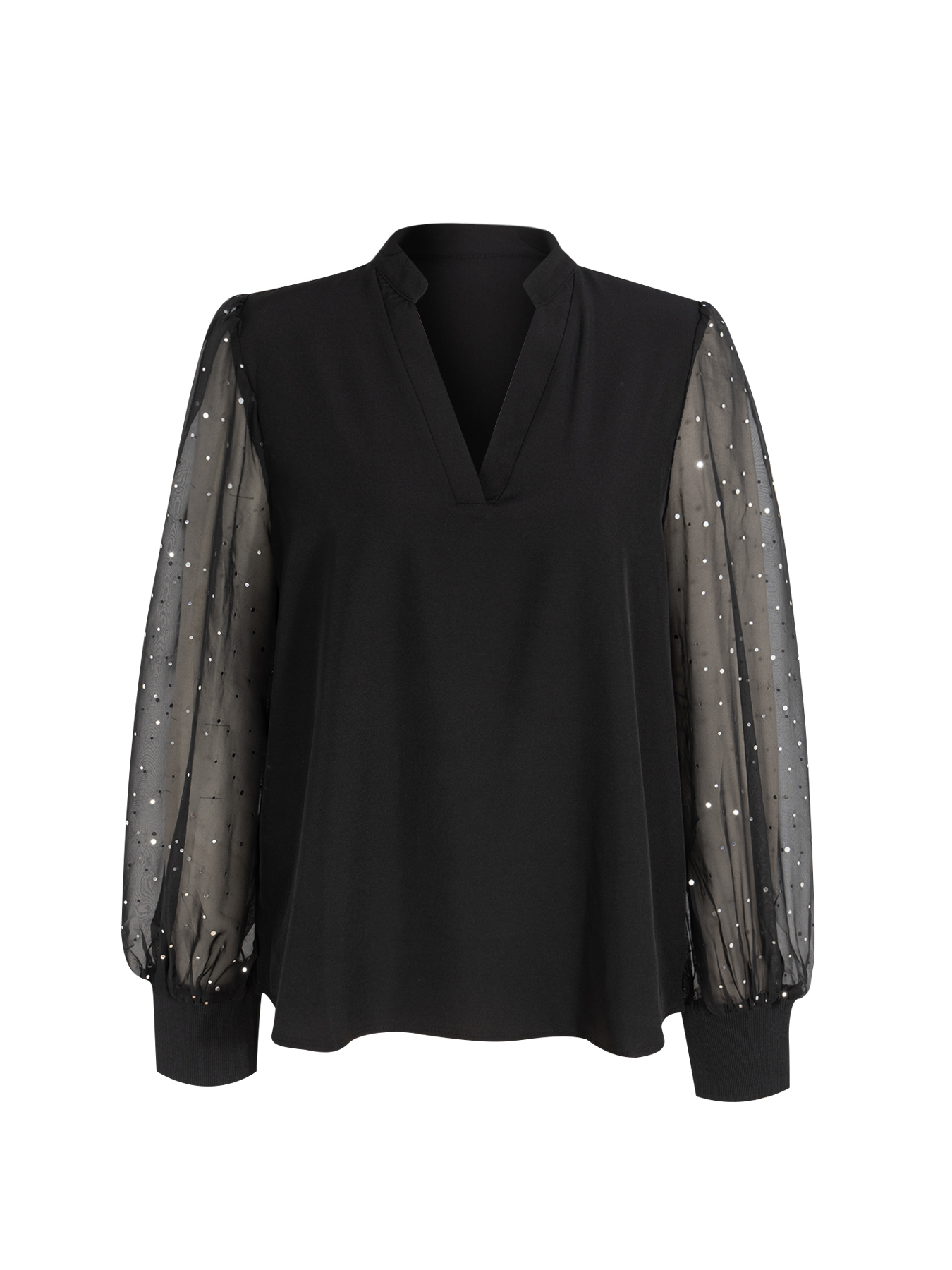 Woman's V-Neck Sheer Sequin Sleeve Blouse-Aegean-sea
