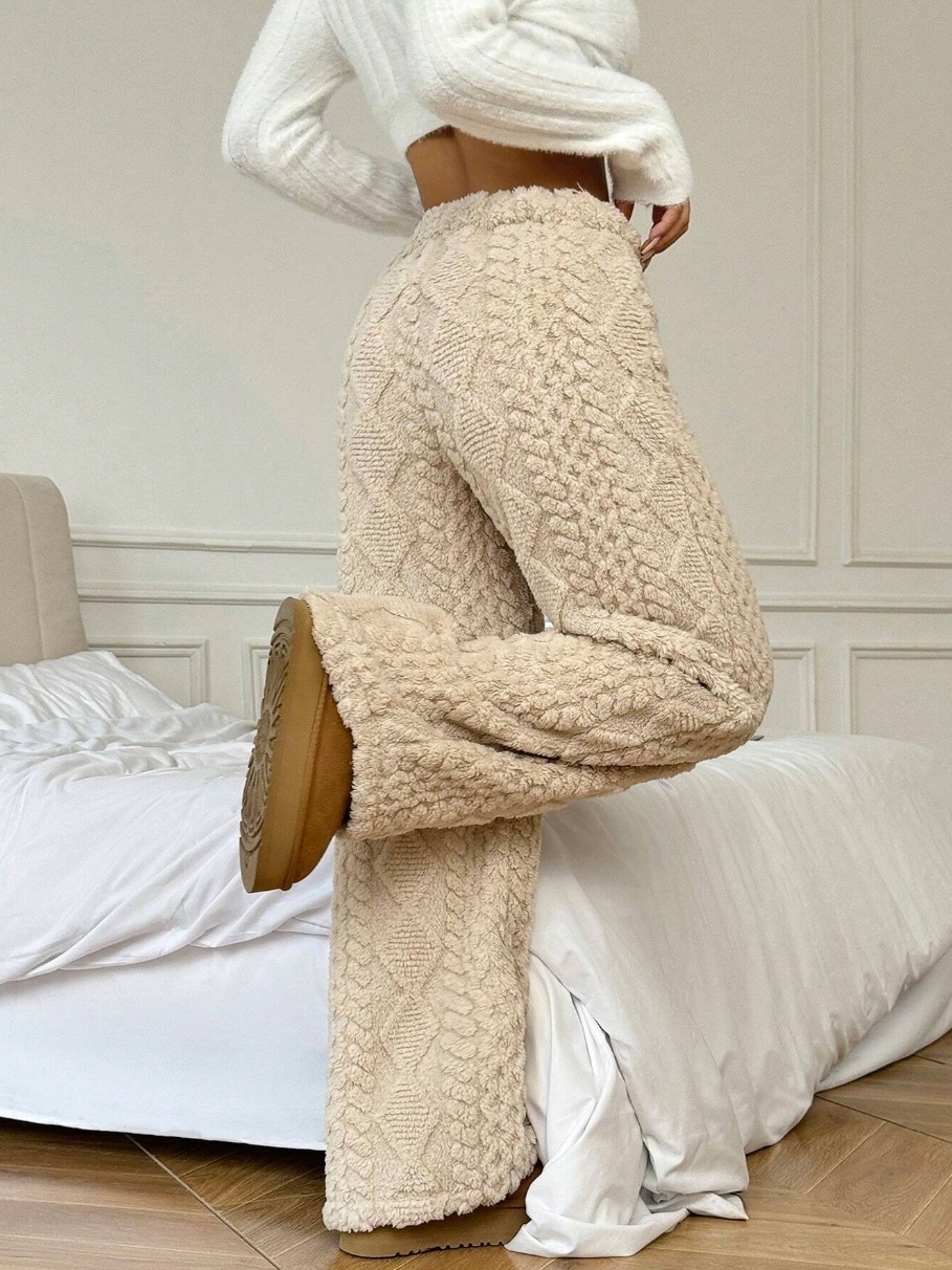 Beige Fuzzy Diamond Pattern Wide Leg Pants-Aegean-sea