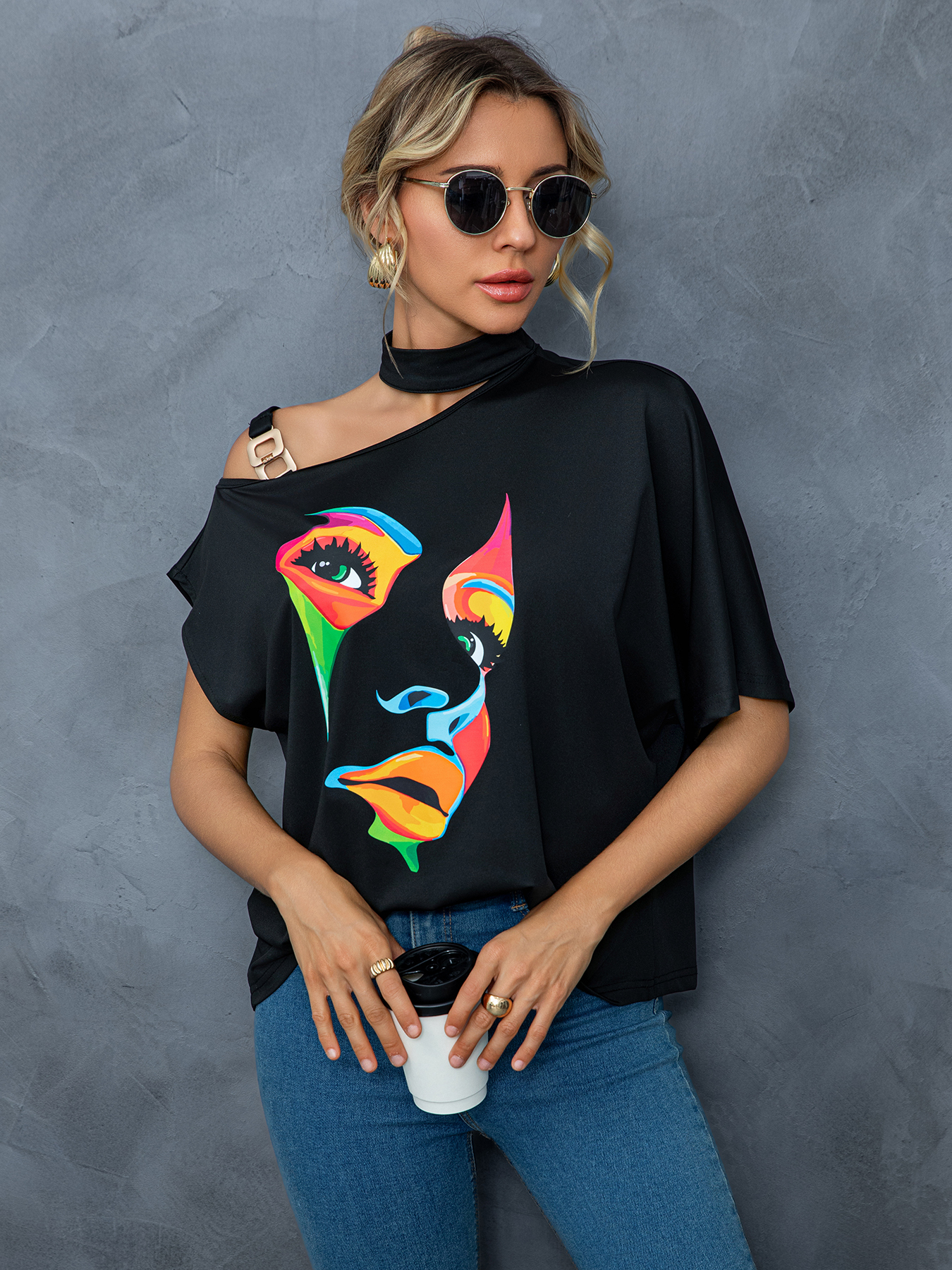 Women's Black One - Shoulder Top with Colorful Face Print-Aegean-sea