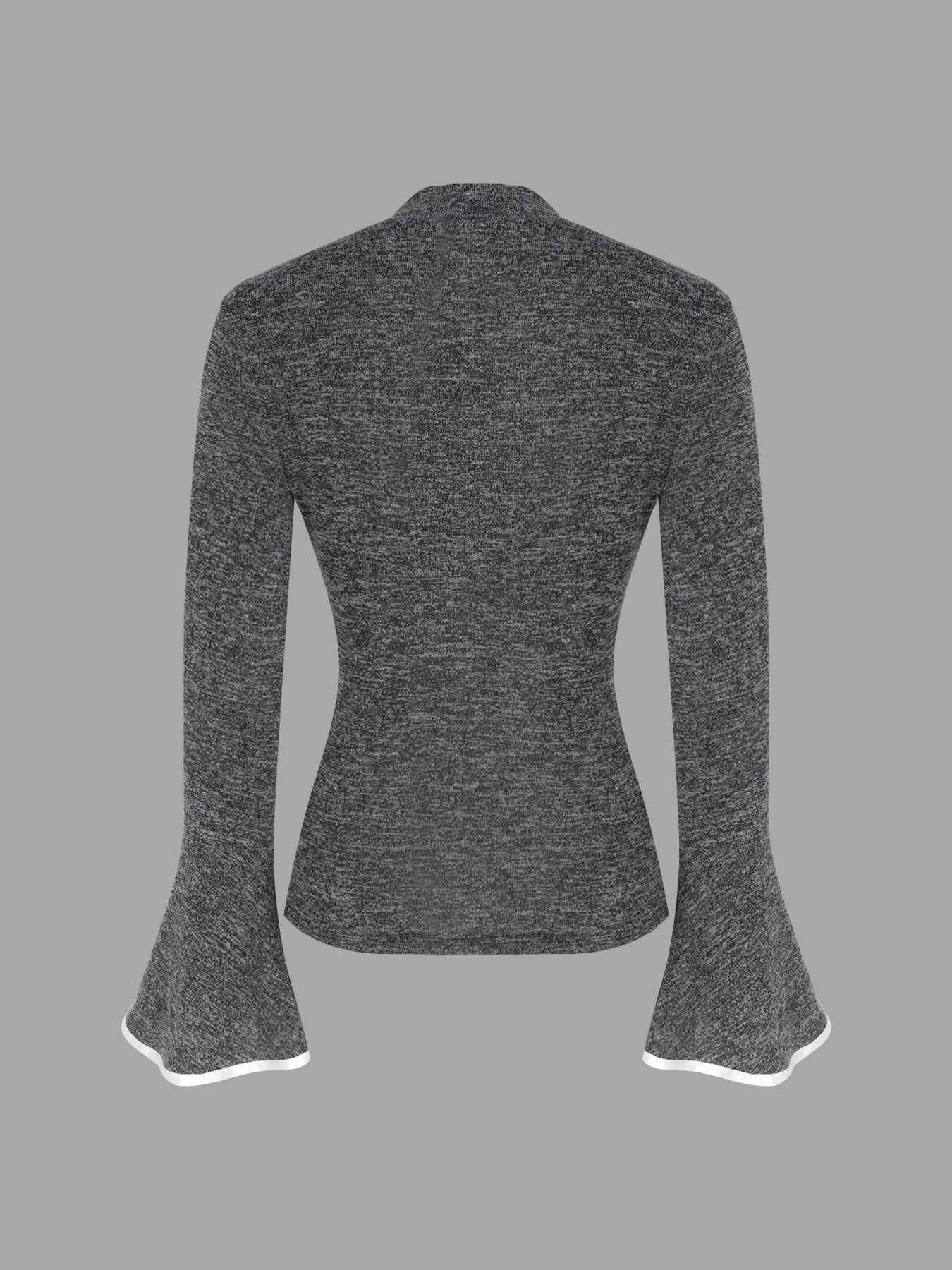 Fitted Gray Marled Knit Top - Bell Sleeves & White Trim Detail