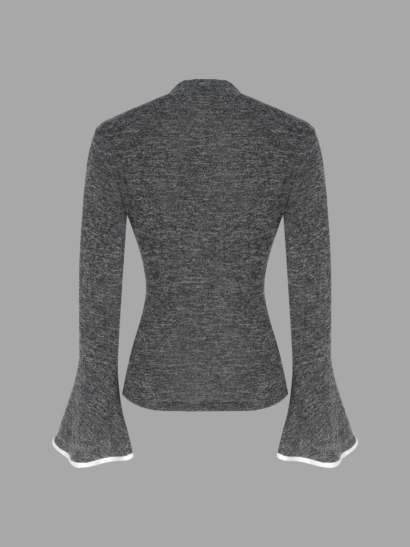 Fitted Gray Marled Knit Top - Bell Sleeves & White Trim Detail