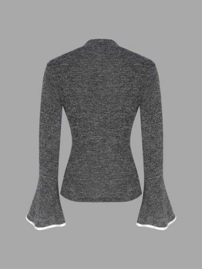 Fitted Gray Marled Knit Top - Bell Sleeves & White Trim Detail