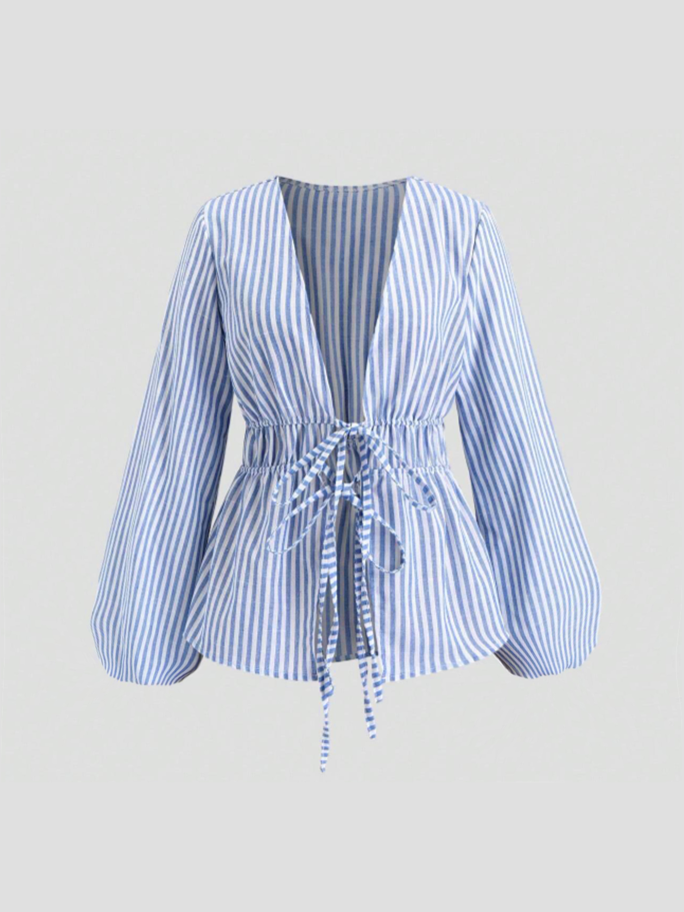 Blue-and-white-striped drawstring waist shirt