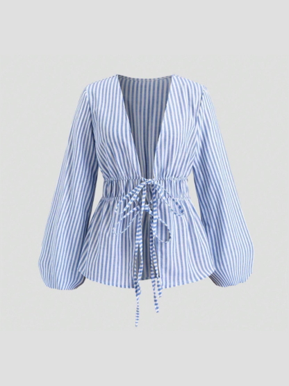 Blue-and-white-striped drawstring waist shirt