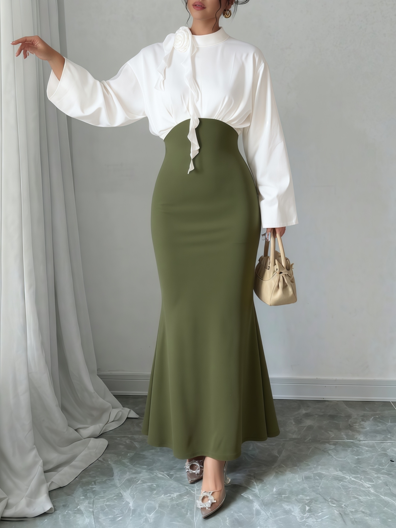 Vestido de moda femenino de manga larga ceñido a la cadera con todos los accesorios-Aegean-sea