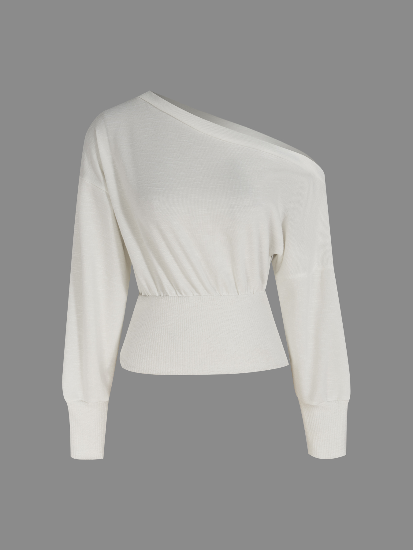 White Off-The-Shoulder Long Sleeve Knit Top with Ribbed Waist