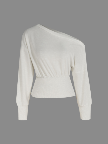 White Off-The-Shoulder Long Sleeve Knit Top with Ribbed Waist