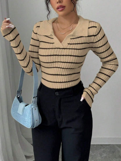 Polo de mujer a rayas beige y negro Camiseta de manga larga de punto ribeteado-Aegean-sea