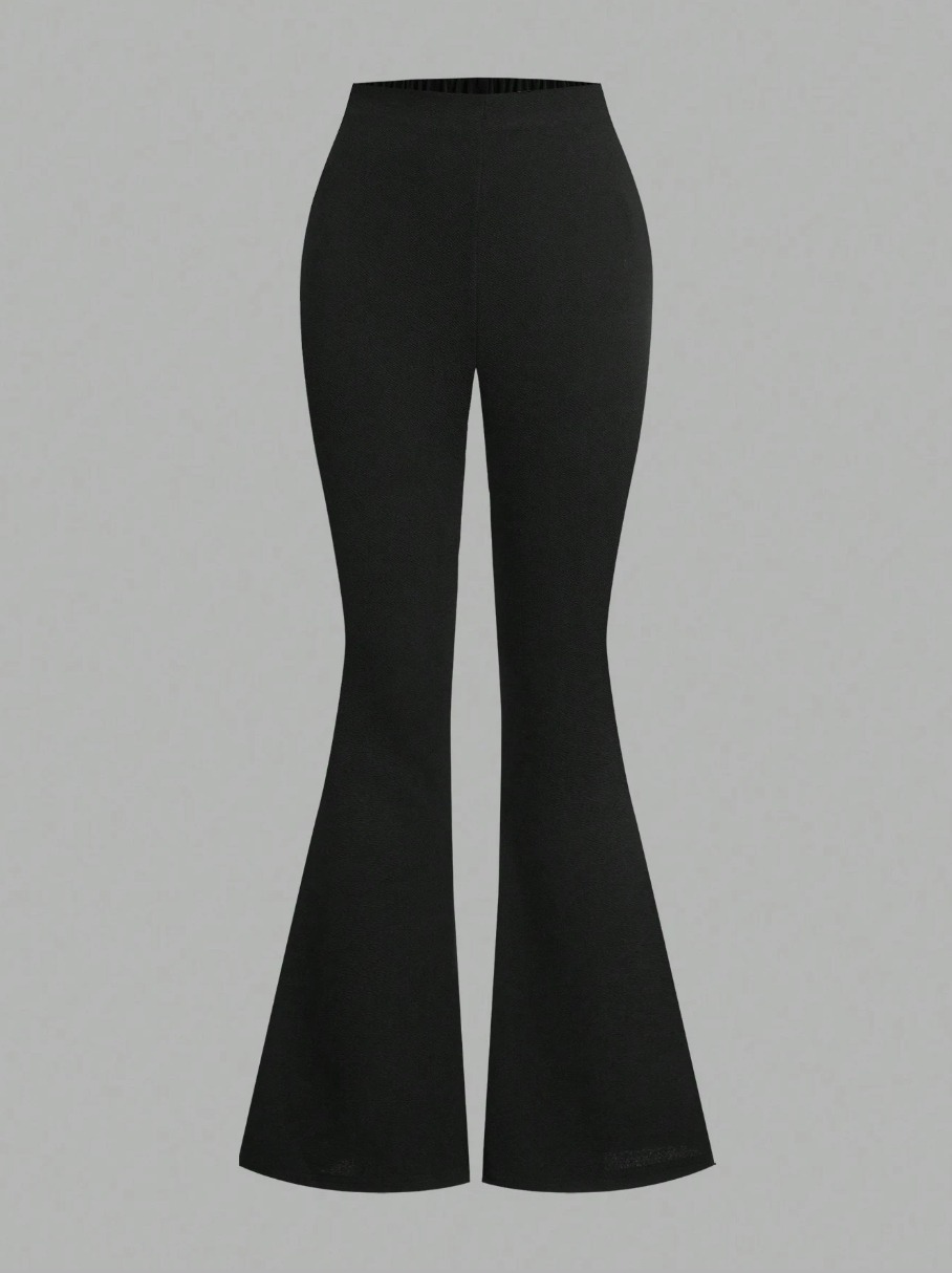 Woman's White Striped Sleeve Bustier Top & Black High-Waisted Flared Pants Two-Piece Set-Aegean-sea