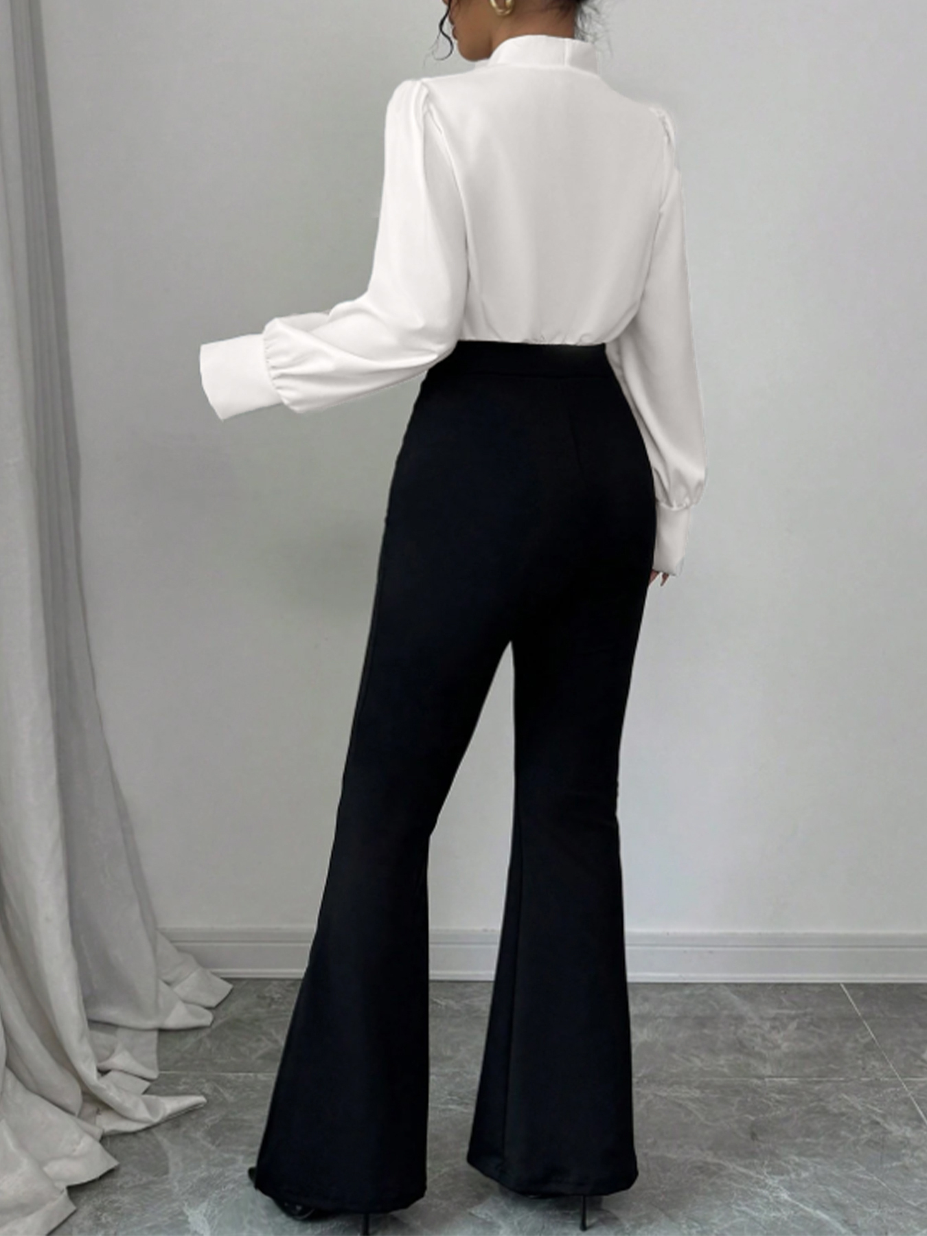 Woman's White Wrap Blouse & Black High-Waisted Flare Pants Two-Piece Set-Aegean-sea