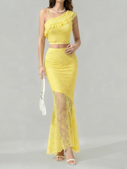 Woman's Light Yellow Lace Cami Top & Sheer Lace High-Waist Maxi Skirt Set
