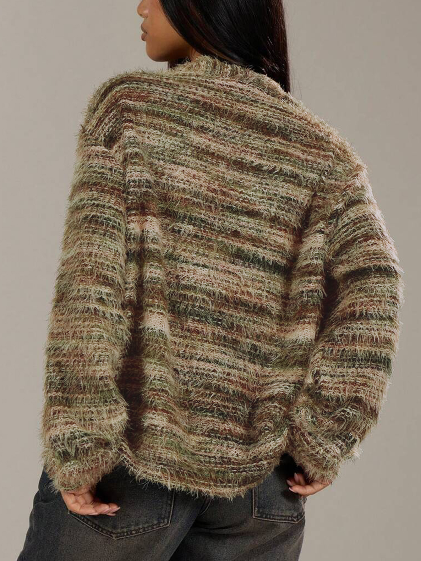 Women's  Retro Lazy Style Mixed Color Fuzzy V-Neck Knit Cardigan : Loose Slimming Elegant Sweater Coat