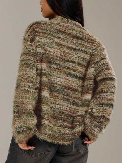 Women's  Retro Lazy Style Mixed Color Fuzzy V-Neck Knit Cardigan : Loose Slimming Elegant Sweater Coat