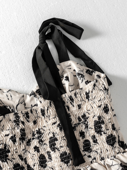 Women's Black and White Floral Print Spaghetti Strap Midi Dress-Aegean-sea