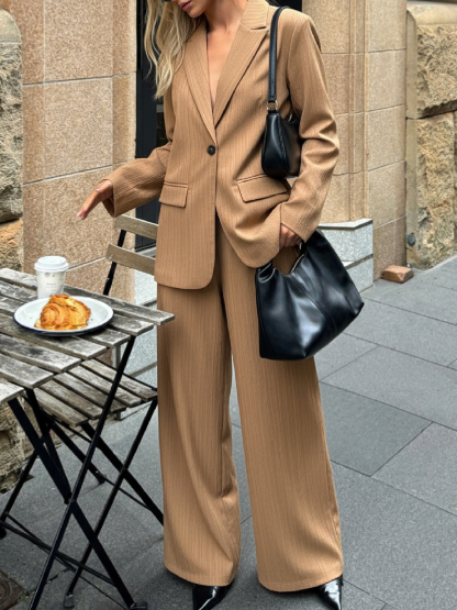 Woman's Camel Vertical Stripe Blazer & Wide-Leg Pants Set | Loose Casual Office Two-Piece-Aegean-sea