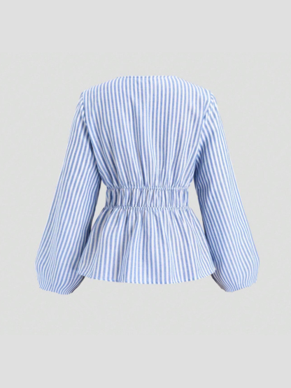 Blue-and-white-striped drawstring waist shirt
