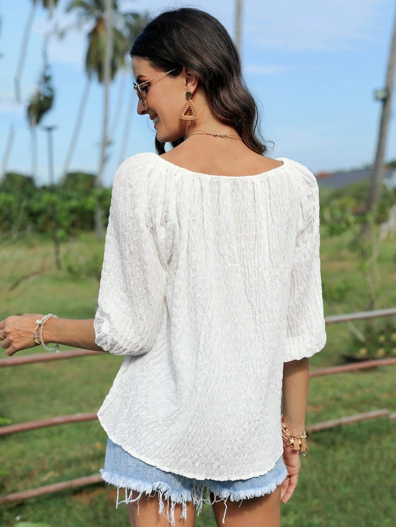 Woman's White Textured Tie Neck Puff Sleeve Boho Top-Aegean-sea