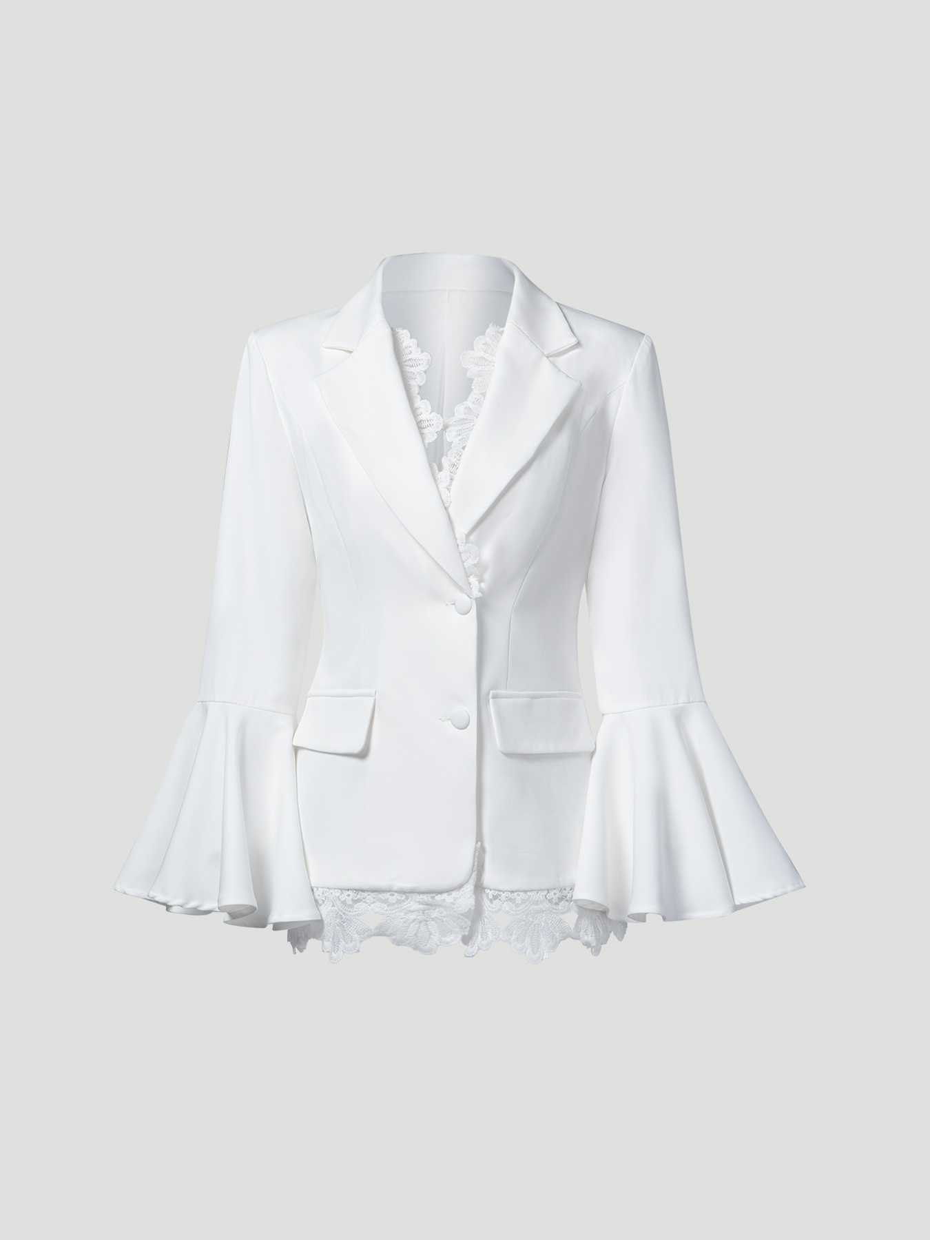 Woman's White Bell Sleeve Lace-Trimmed Blazer Dress