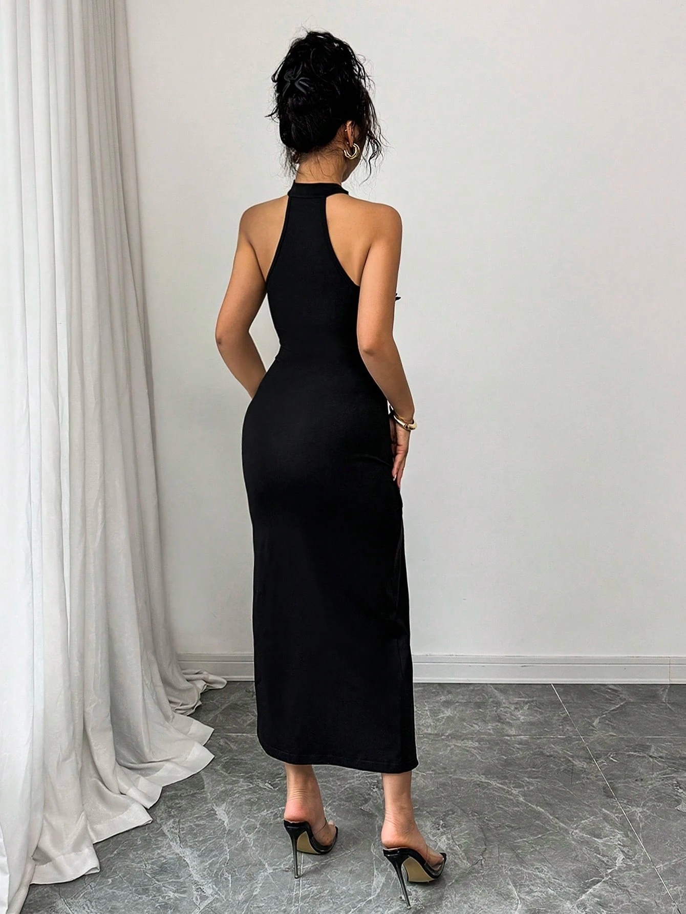 Woman's Black Halter Neck Chest Cutout Floral Dress | Fitted High Slit Midi Sexy Dress-Aegean-sea