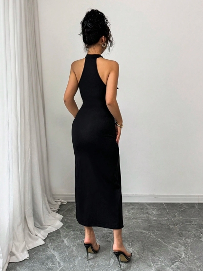 Woman's Black Halter Neck Chest Cutout Floral Dress | Fitted High Slit Midi Sexy Dress-Aegean-sea