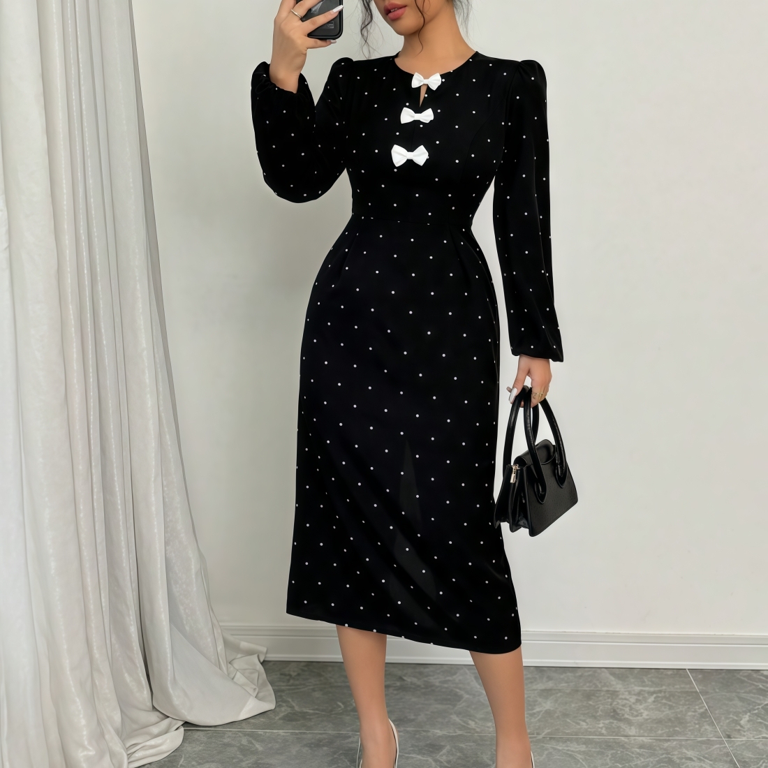 Vestido midi de mujer de polka negra con lunares blancos y mangas abullonadas-Aegean-sea