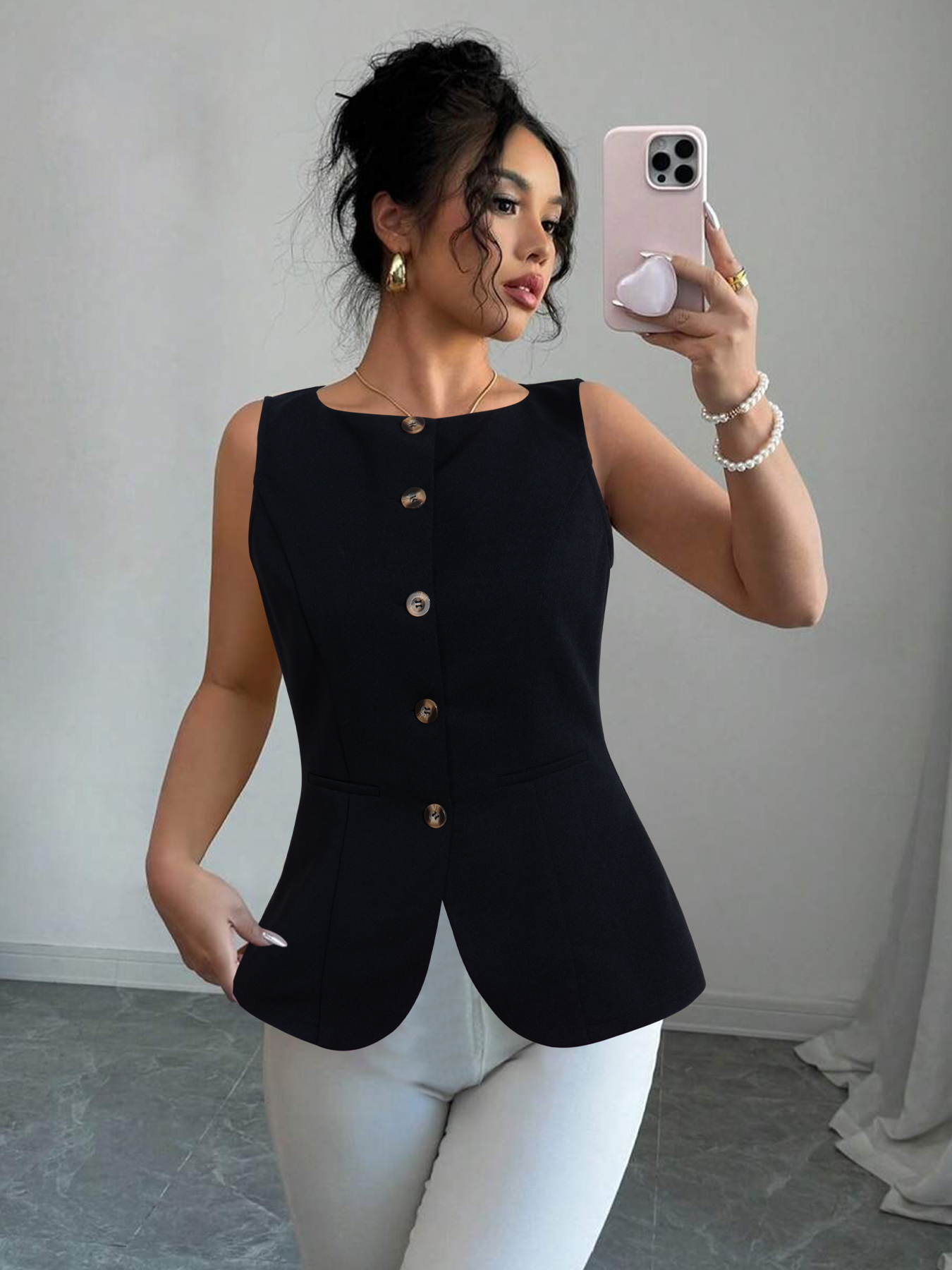 Woman's Black Sleeveless Button-Front Peplum Waistcoat