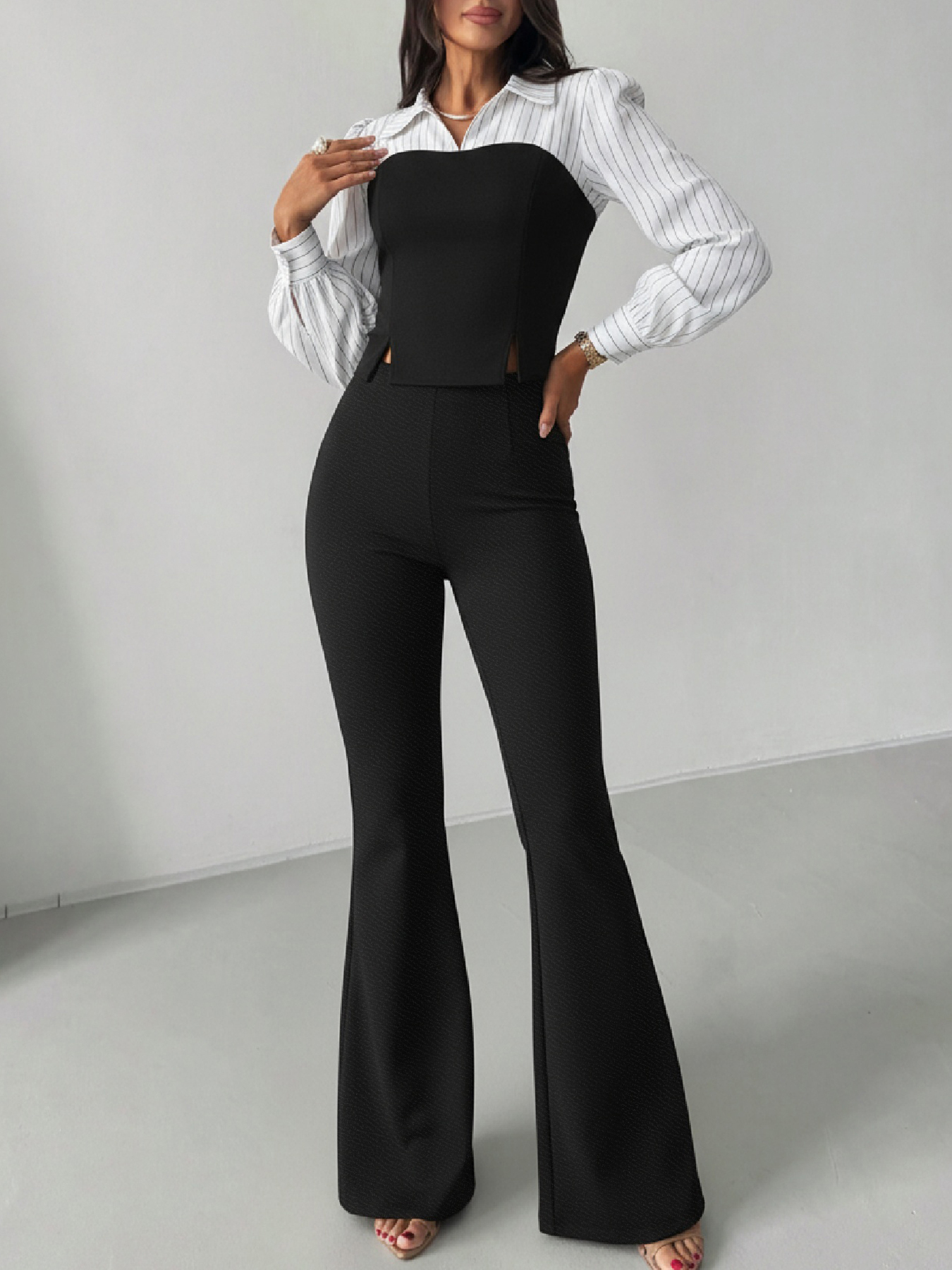 Woman's White Striped Sleeve Bustier Top & Black High-Waisted Flared Pants Two-Piece Set-Aegean-sea