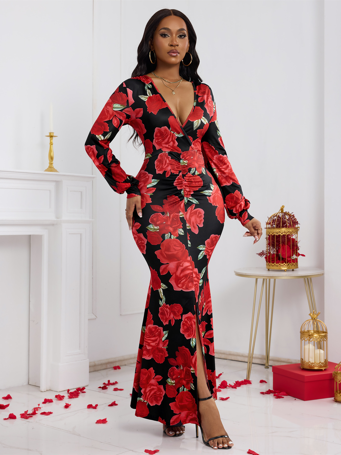 Vestido Maxi de manga larga con estampado de rosas rojas y cuello en V para mujer-Aegean-sea