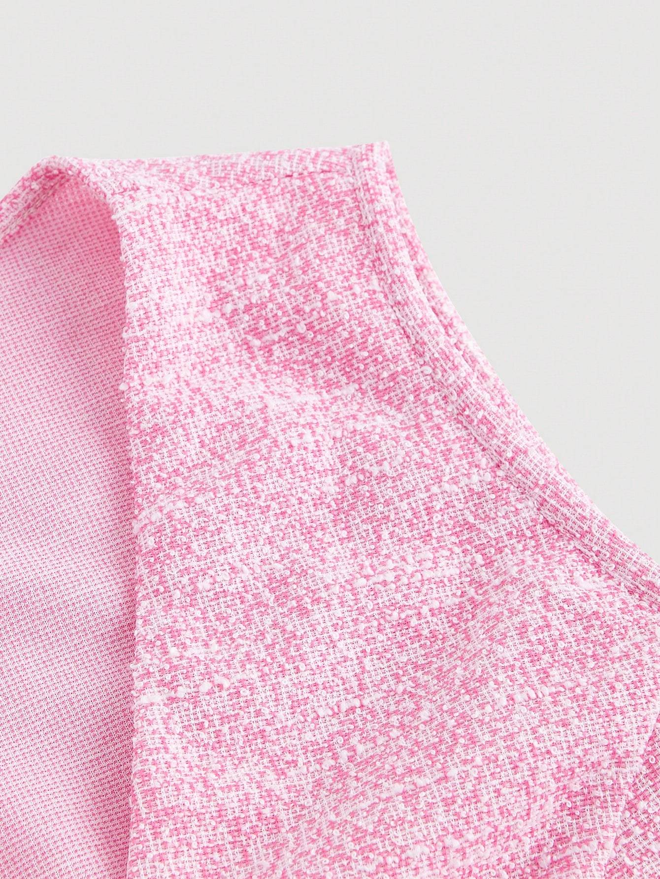 Women's Pink Tweed Button-Front Vest and Wide Leg Pants Set-Aegean-sea