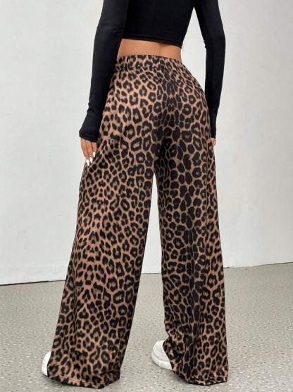Leopard pattern wide leg pants woman, high waist drop feeling loose pants-Aegean-sea