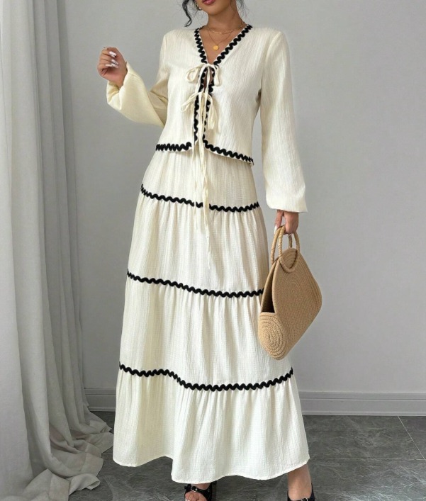 Beige-white contrasting lace two-piece dress Strapped cardigan + layered cake skirt