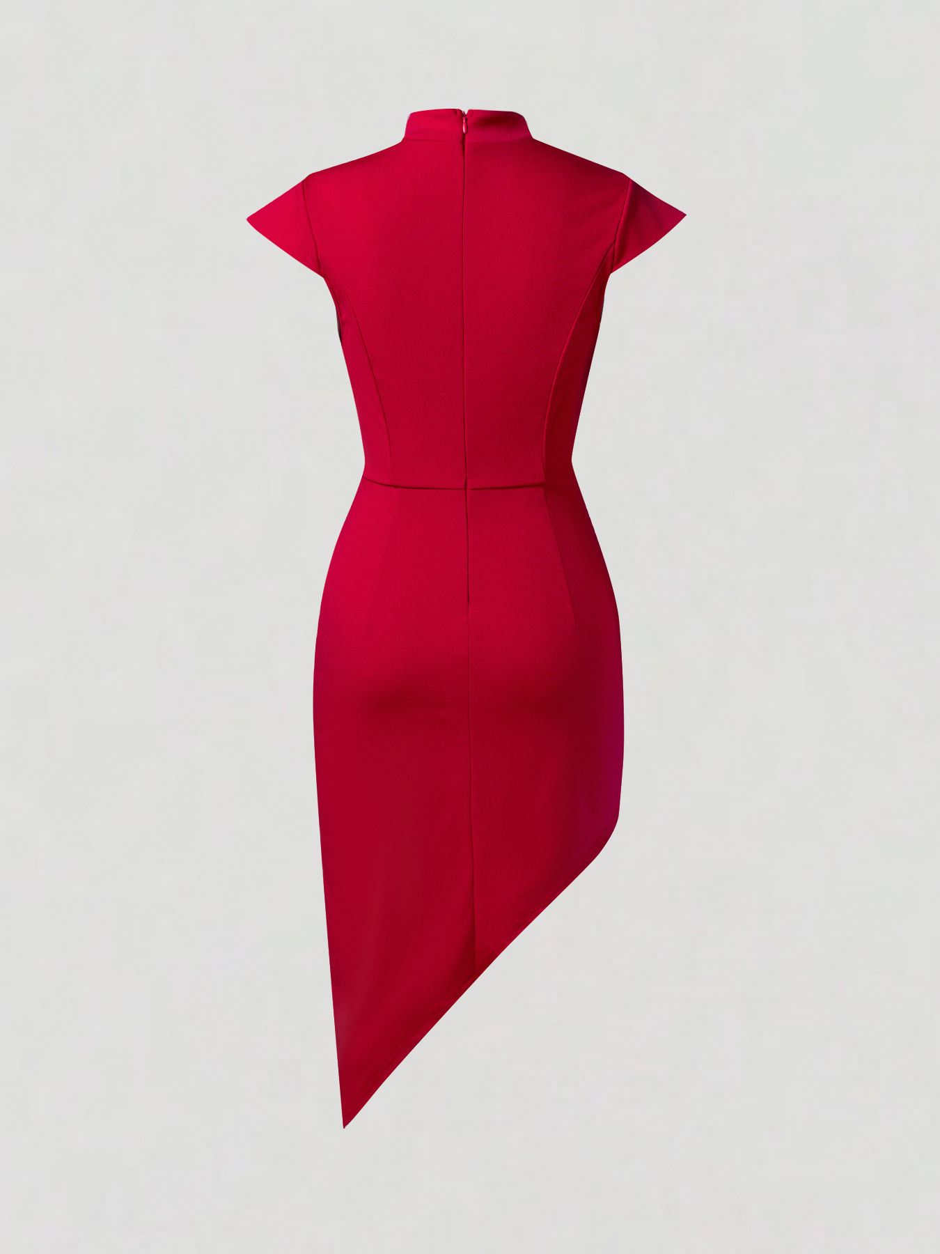 Fitted Red Midi Dress - High Neck & Asymmetrical Slit