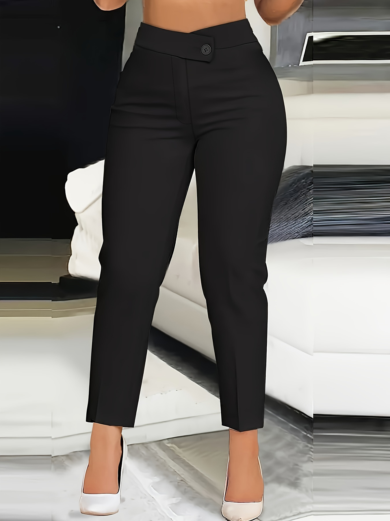 Woman's High Waist Asymmetric Button Slim Ankle Pants-Aegean-sea