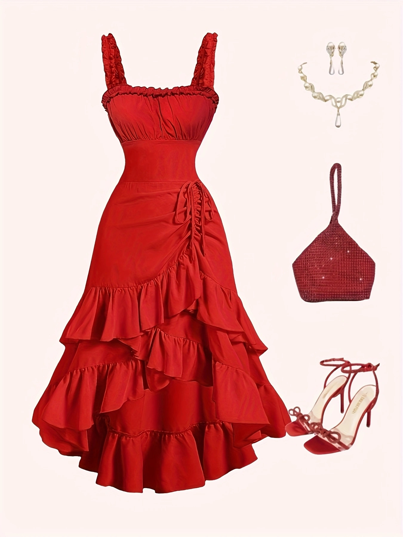 Red Ruffled High-Low Hem Cami Dress-Aegean-sea