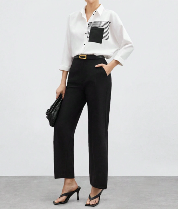 Woman's Collared Button-up Shirt with Striped & Square Patch Detail-Aegean-sea