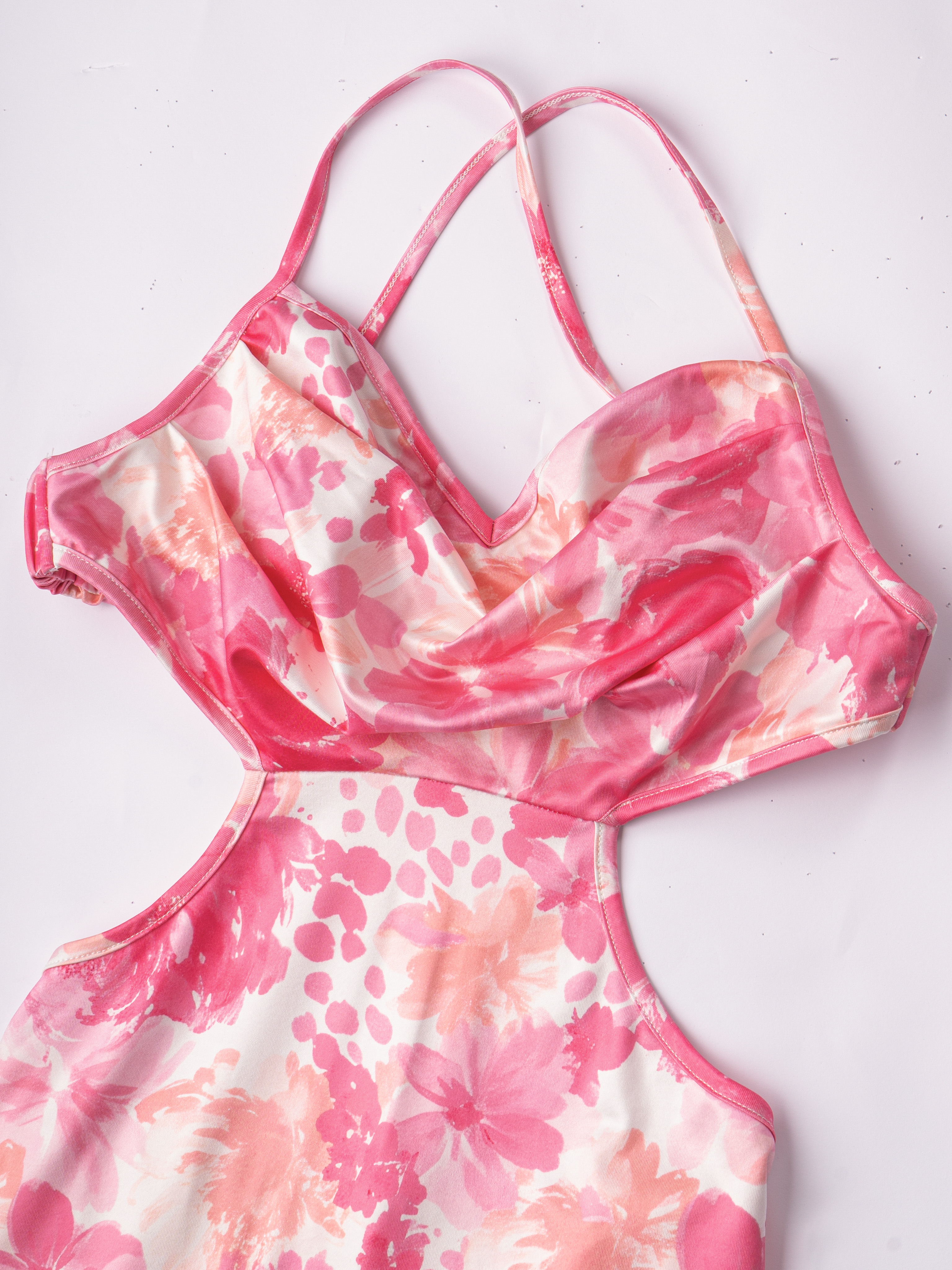 Rose Pink Gradient Floral Hollow-Out Dress, Vacation Mermaid Maxi Dress