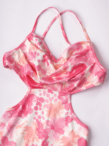 Rose Pink Gradient Floral Hollow-Out Dress, Vacation Mermaid Maxi Dress