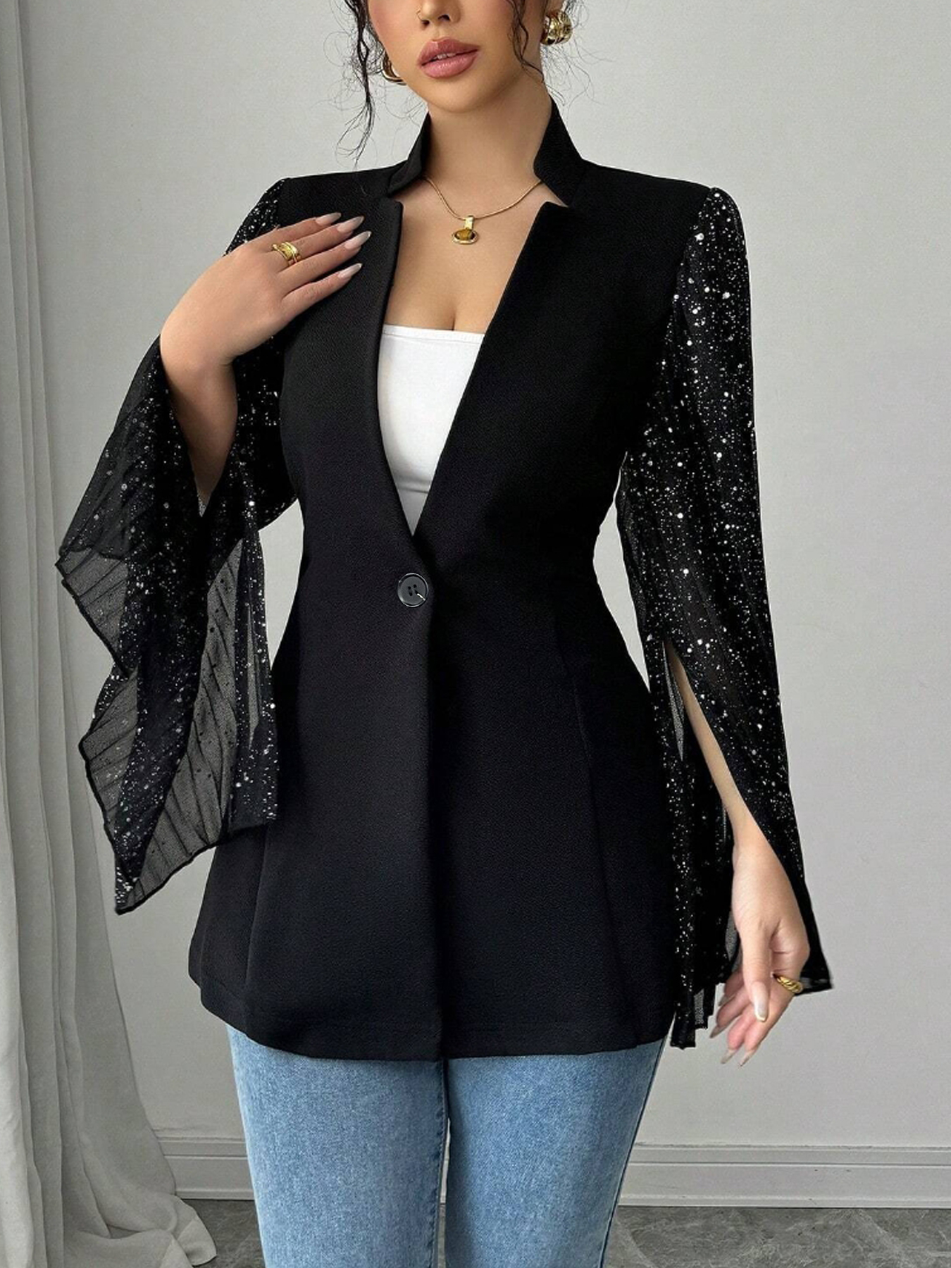 Black Blazer with Glitter Flared Sleeves-Aegean-sea