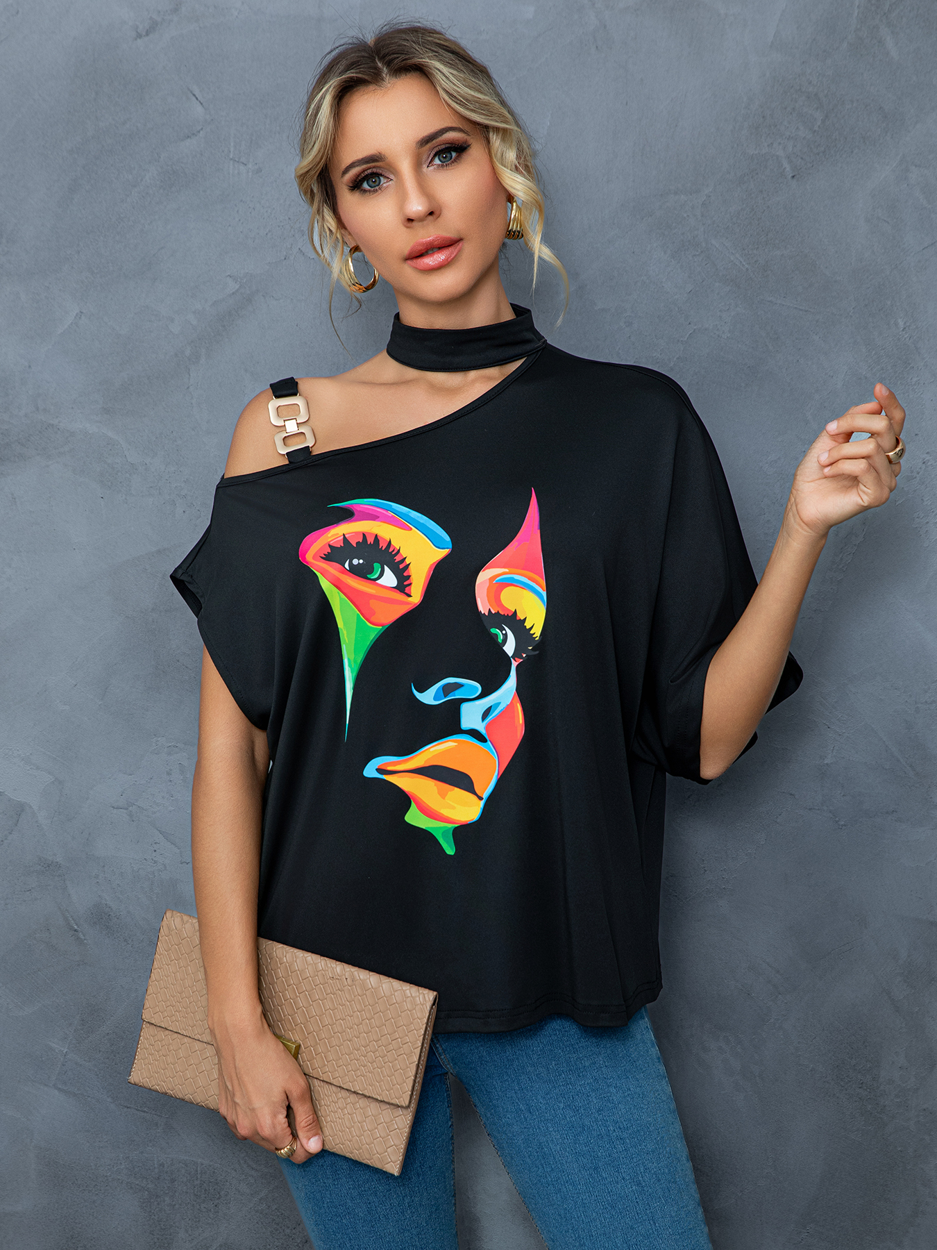 Women's Black One - Shoulder Top with Colorful Face Print-Aegean-sea