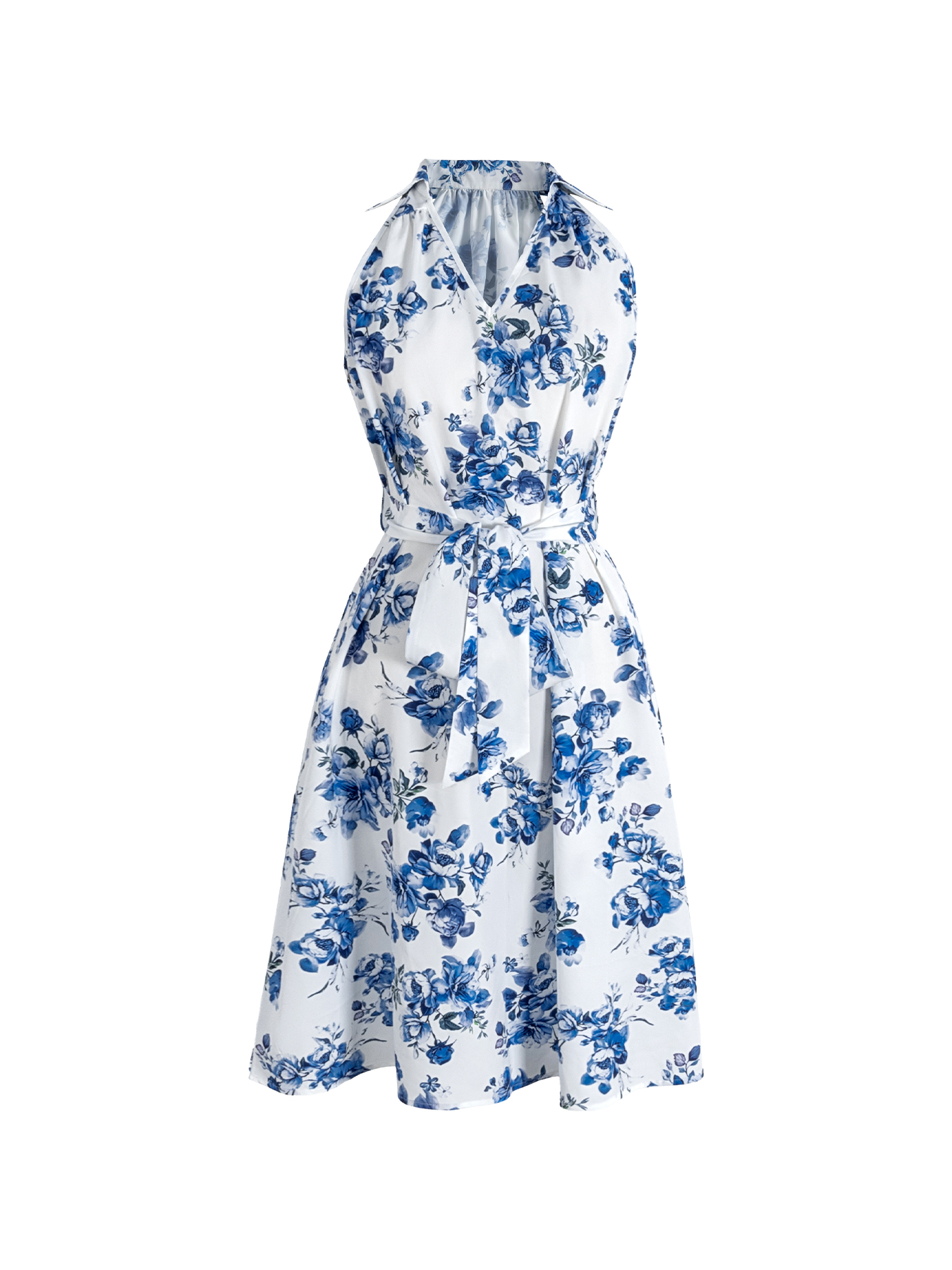 Woman's White & Blue Floral Print Halter Neck Belted Mini Dress