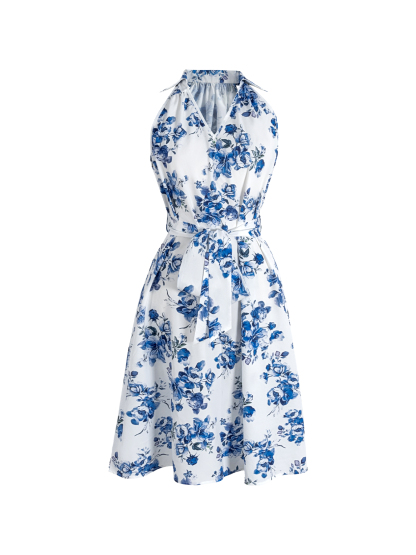 Woman's White & Blue Floral Print Halter Neck Belted Mini Dress