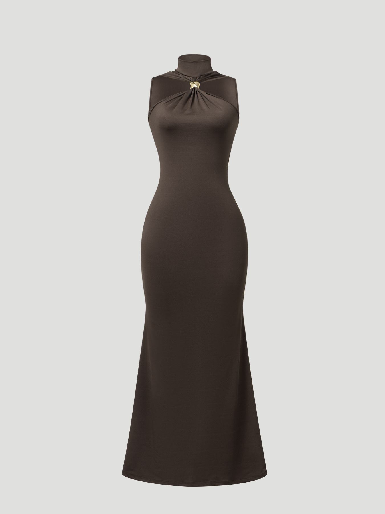 Dark-brown metal collared dress woman, slim-waisted long skirt with tight hips