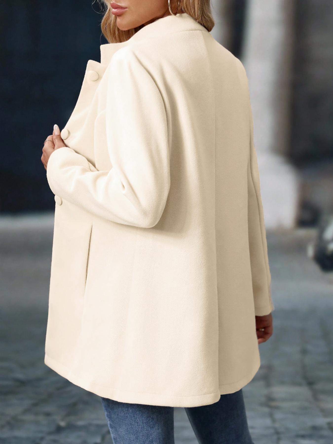 Woman's Cream White Stand Collar Mid-Length Coat with Round Fleece Buttons-Aegean-sea