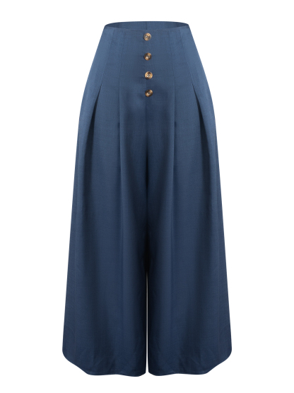 Navy-blue button-up wide-legged pants High-waisted loose-fitting long casual pants