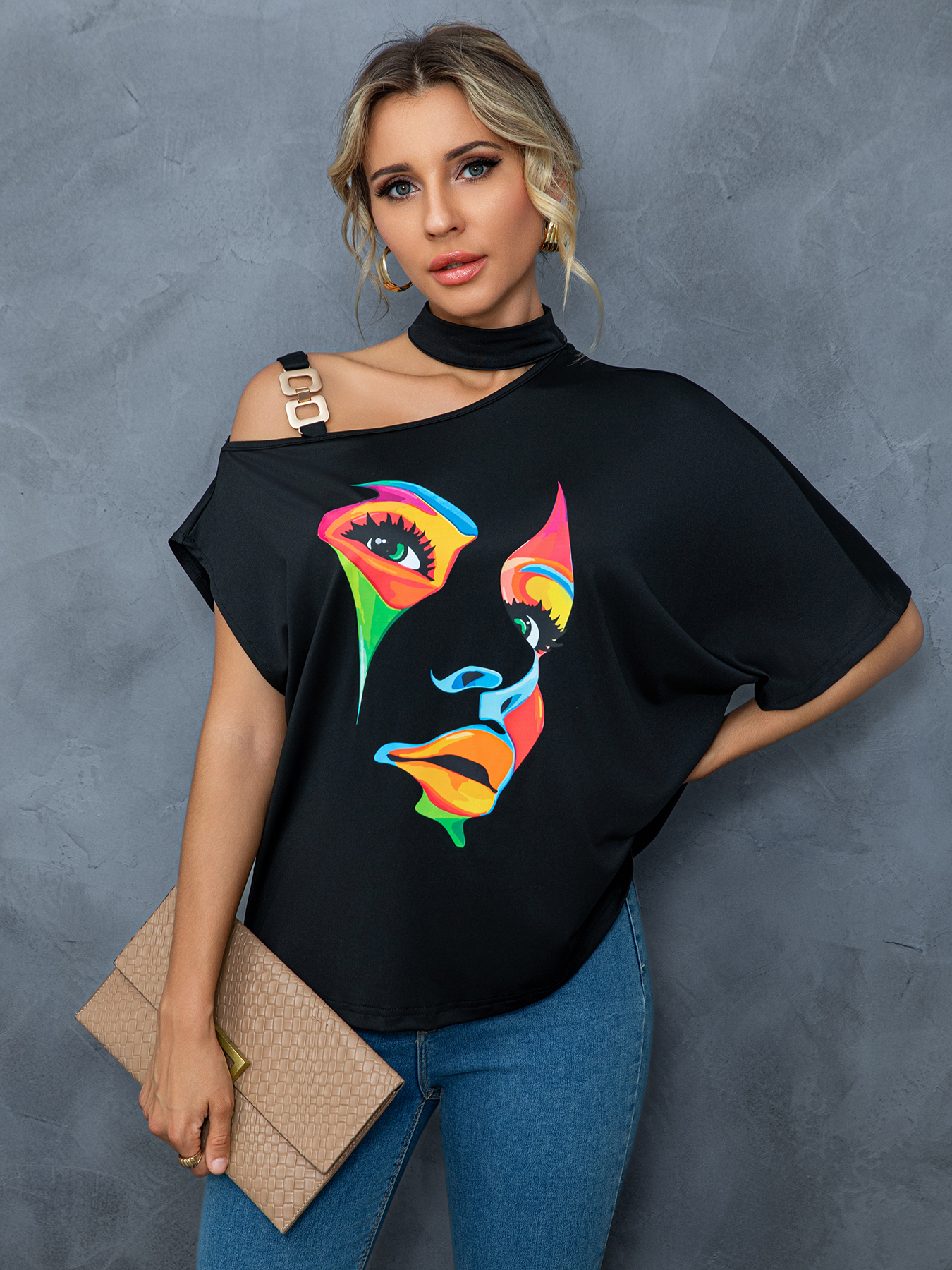 Women's Black One - Shoulder Top with Colorful Face Print-Aegean-sea