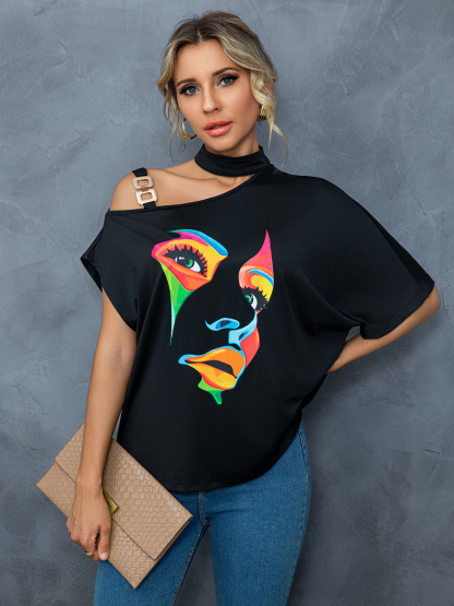 Women's Black One - Shoulder Top with Colorful Face Print-Aegean-sea