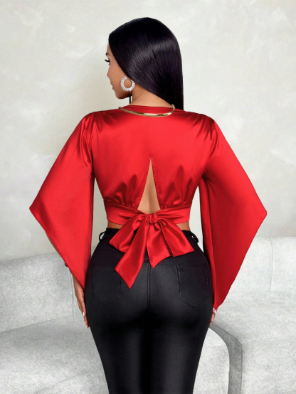 Women's Red Satin Deep V-Neck Bell Sleeve Crop Top-Aegean-sea