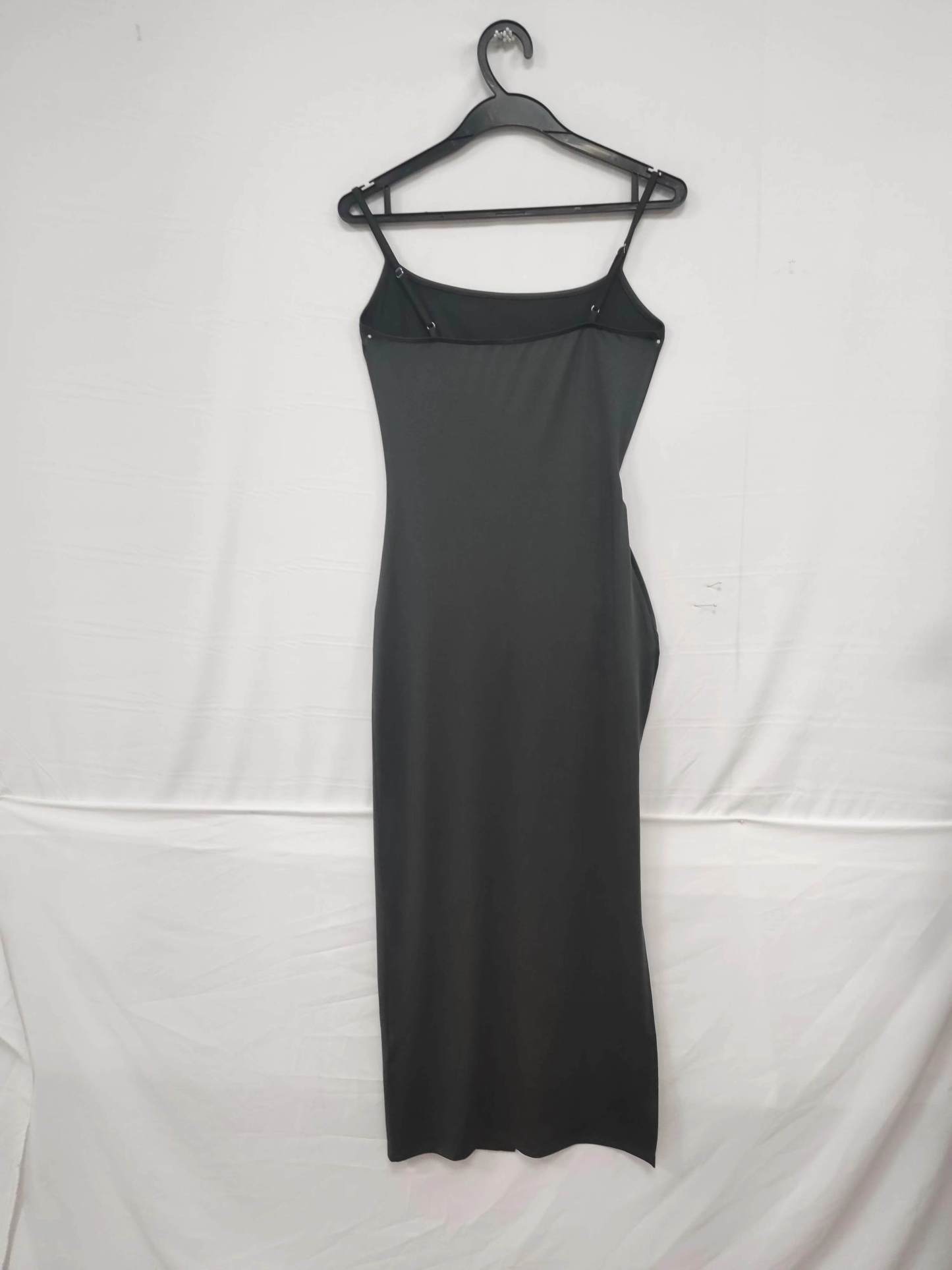 Woman's Gray Spaghetti Strap Ruched Side Slit Midi Dress-Aegean-sea